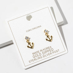Gold Dipped CZ Accent Anchor Charm Drop Dangle Earrings