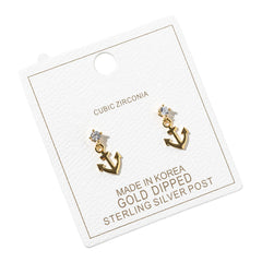 Gold Dipped CZ Accent Anchor Charm Drop Dangle Earrings