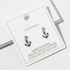 White Gold Dipped CZ Accent Anchor Charm Drop Dangle Earrings