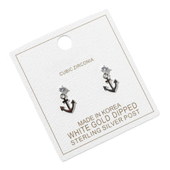 White Gold Dipped CZ Accent Anchor Charm Drop Dangle Earrings