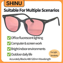 SHINU Women FL-41 Glasses FL41 Tint Glasses man, 480-520nm Blue Light Blocking Lenses Office Fluorescent Light Migraine Eyewear
