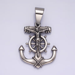 Stainless Steel 45.5mm Crucifix Jesus Steering Wheel Anchor Pendant | P-823