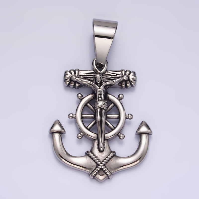 Stainless Steel 45.5mm Crucifix Jesus Steering Wheel Anchor Pendant | P-823